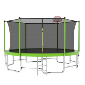 16FT Trampoline With Balance Bar & Basketball Hoop&Ball, ASTM Approved Reinforced Type Outdoor Trampoline With Enclosure Net